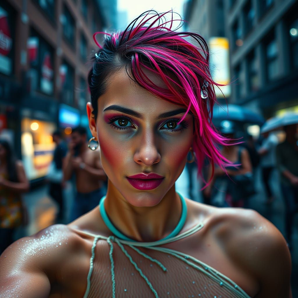 Dancer in Rainy City Streets, Captured in Vibrant Studio Lig...