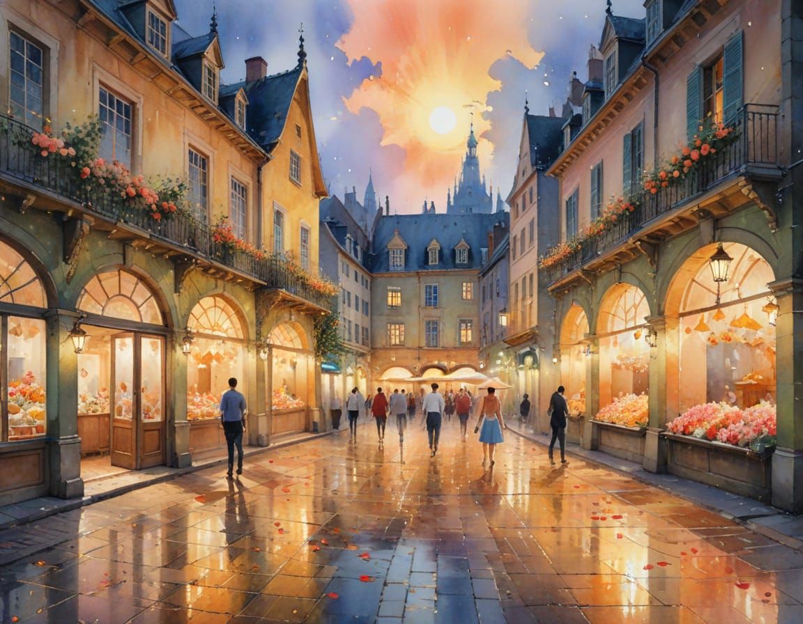 Summer Market Square Watercolor Painting