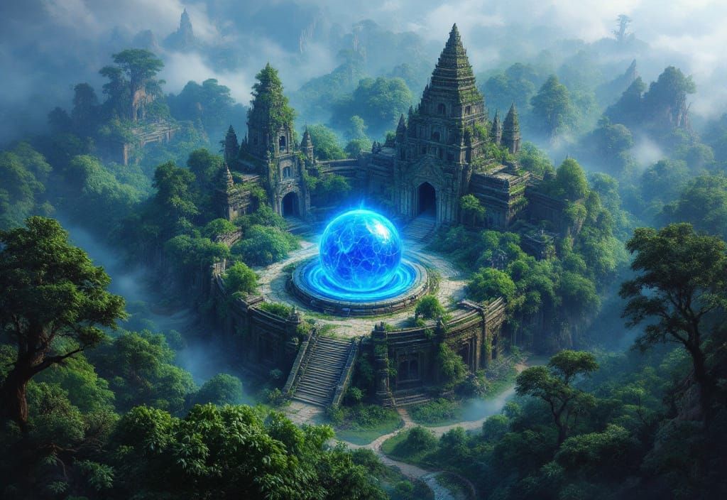 Magical Blue Crystal Temple in Overgrown Jungle