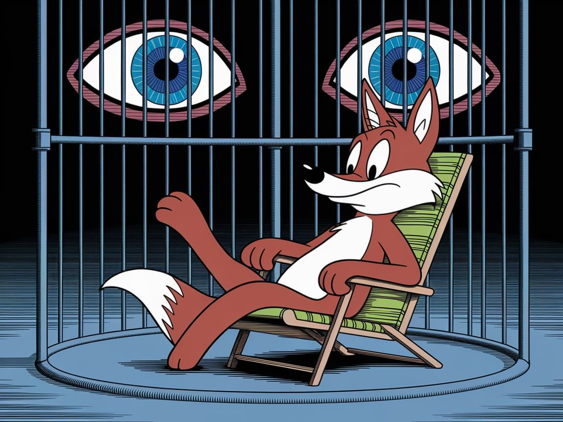 Relaxed Cartoon Fox in Cage, Anime Style