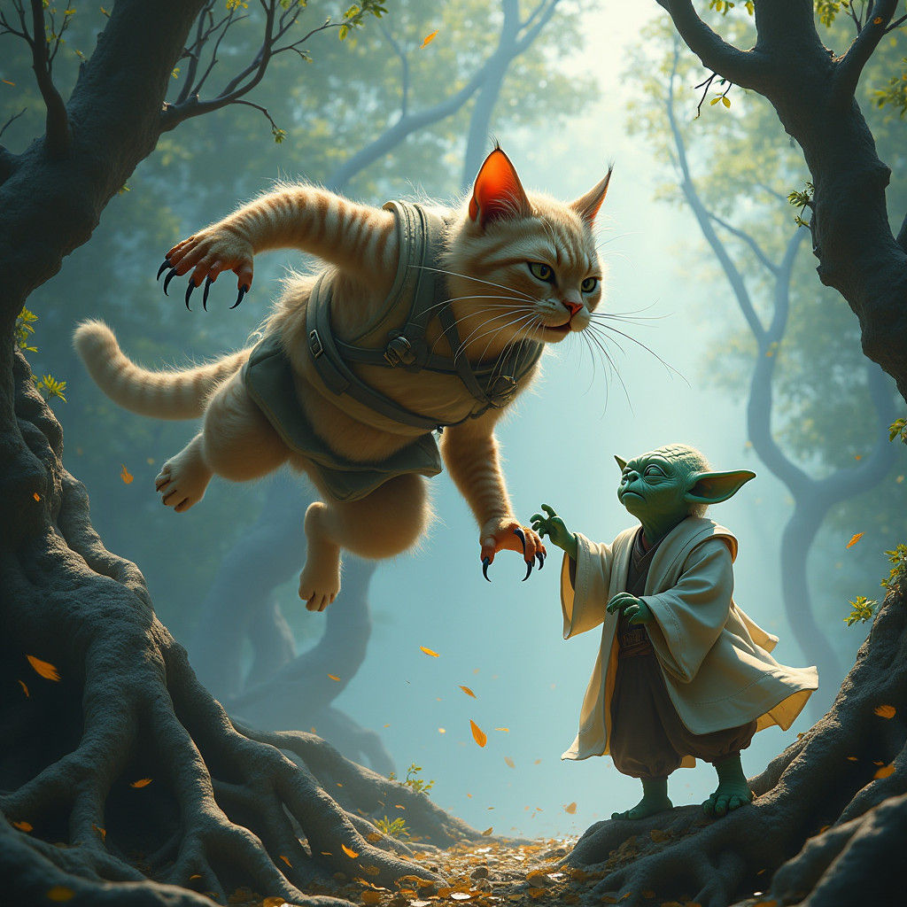 Feline Warrior Battles Yoda: Fantasy Concept Art