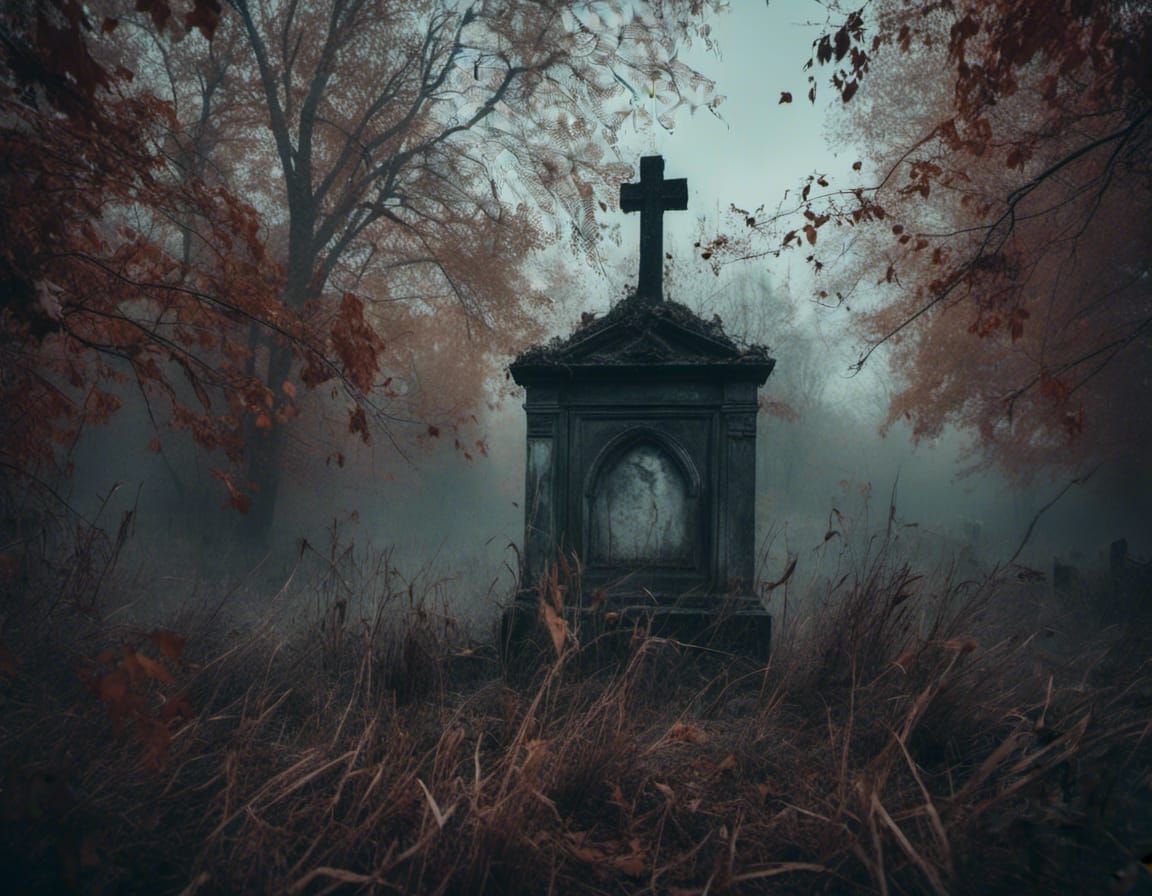 Ominous Abandoned Graveyard in Autumn Mist
