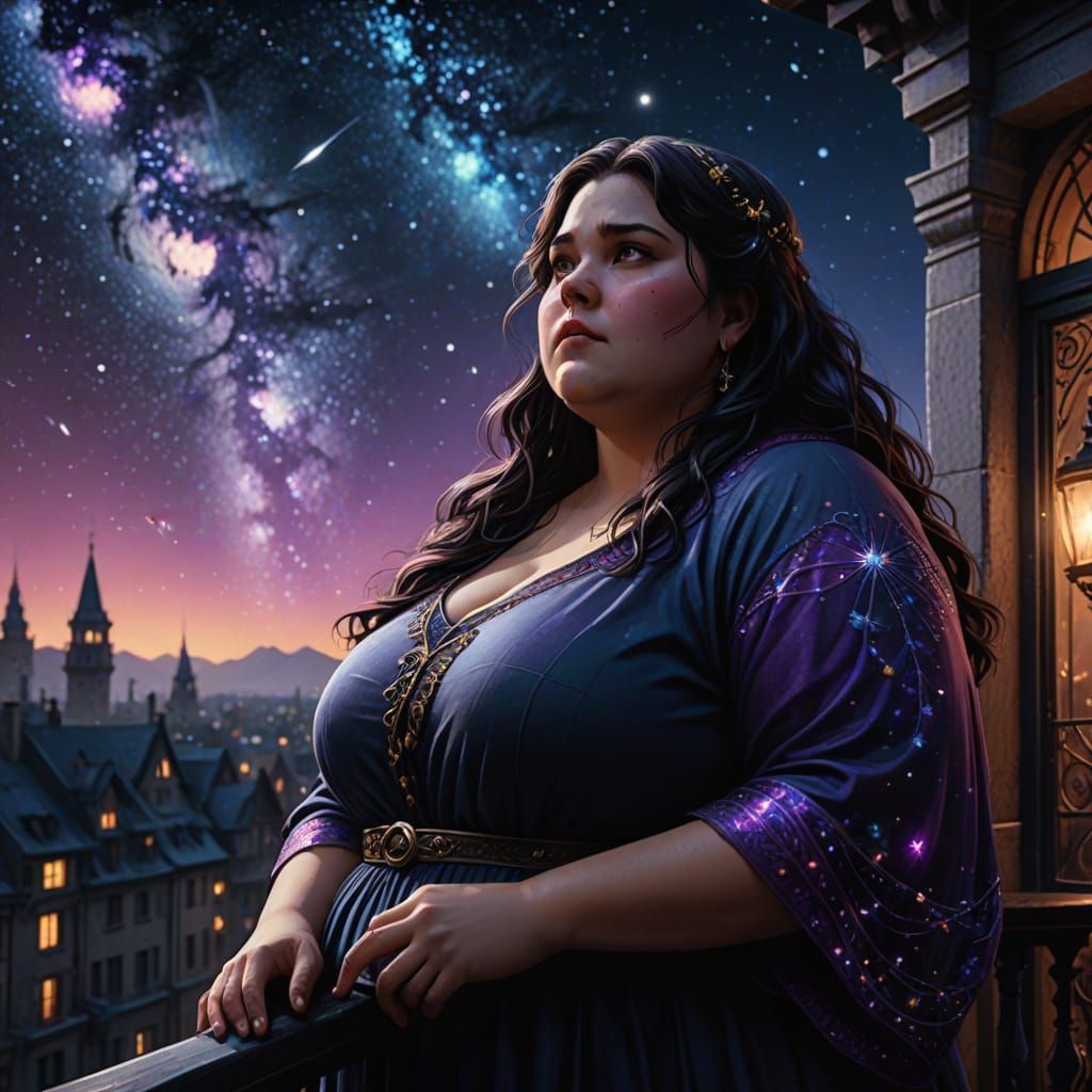 Fantasy Art: Woman Gazing at Stars on Balcony