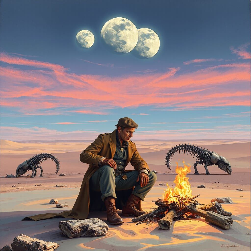 Steampunk Veteran in Alien Desert Landscape