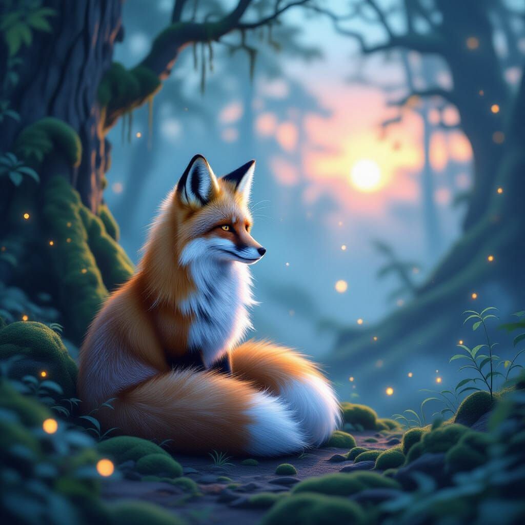 Cosmic Fox in Enchanted Forest with Bioluminescent Flora