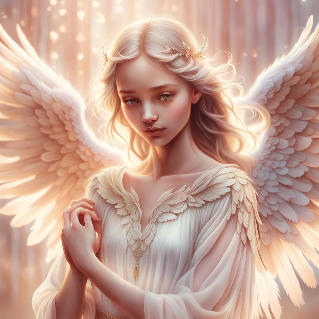 Angel Holding Girl: Ethereal Portrait in Soft Light