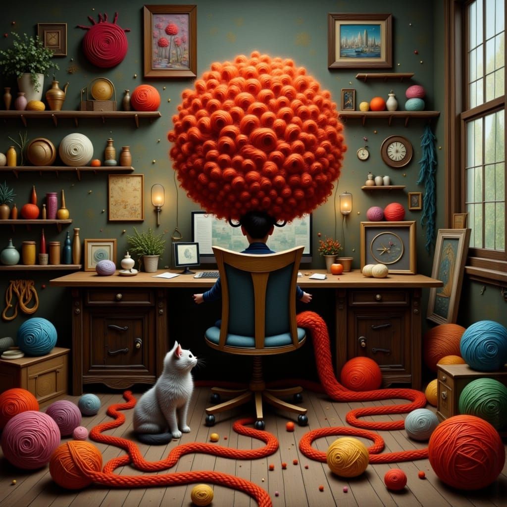 Irish Woman in Yarn Hair with Kitten, Impasto Style