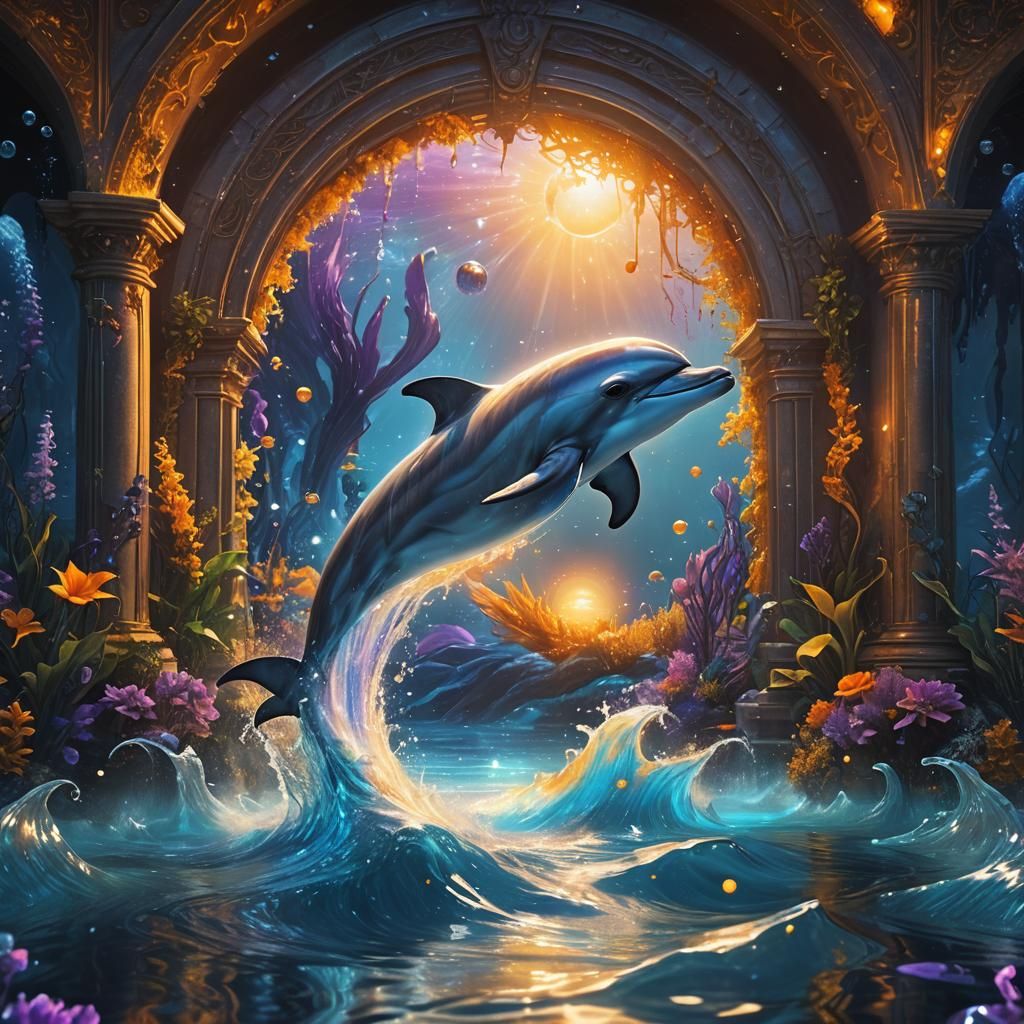 Dolphin Leaps Through Portal: High-Fantasy Concept Art