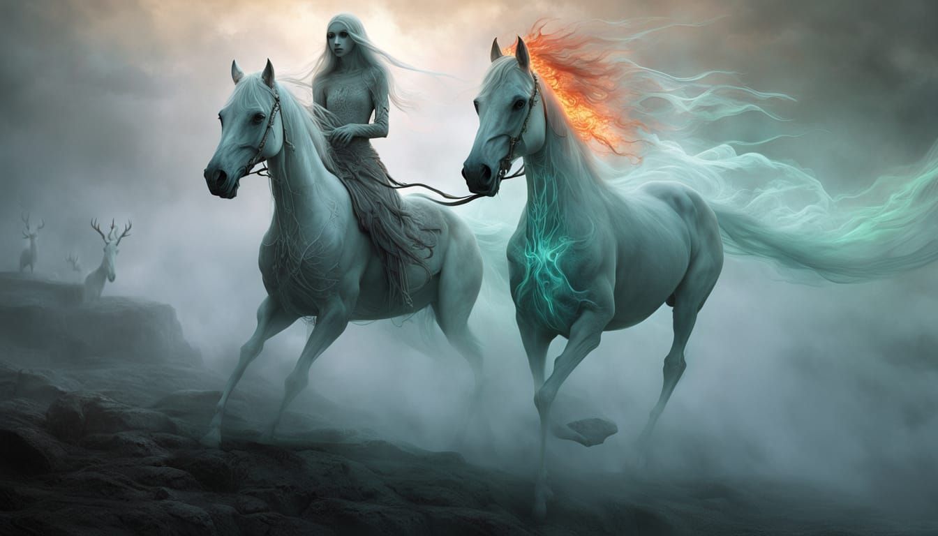 Skeletal Wraith Rides Ghostly Steed in Dark Fantasy Portrait