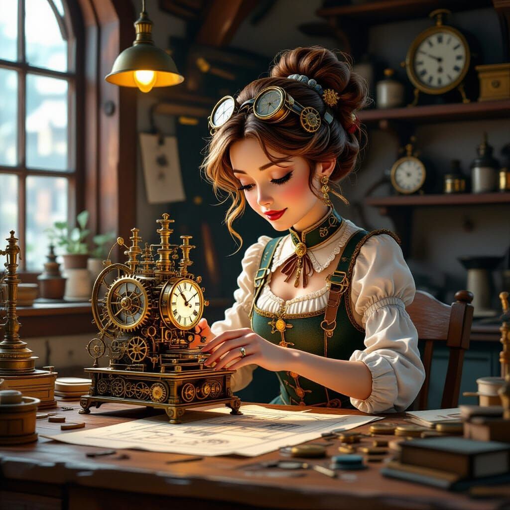 Clockwork Inventor Assembling Steam-Powered Clock