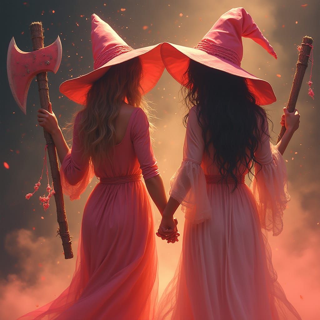 Lesbian Witches Holding Hands with Axe