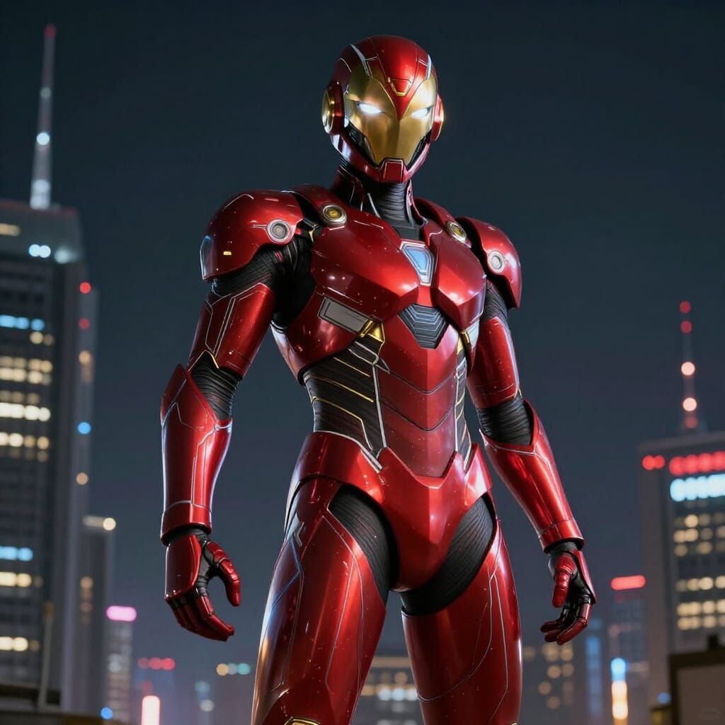 Armored Hero on Skyscraper at Night