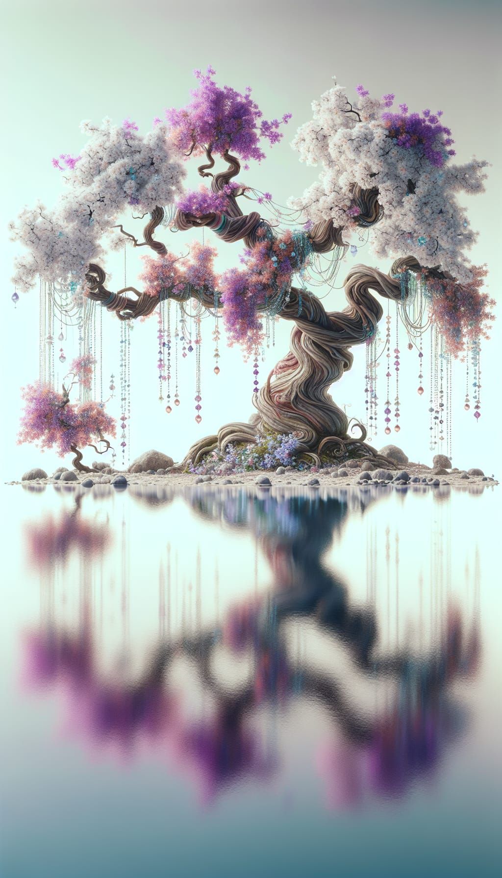 Enchanted Tree with Blossoms, Crystals, and Pearls