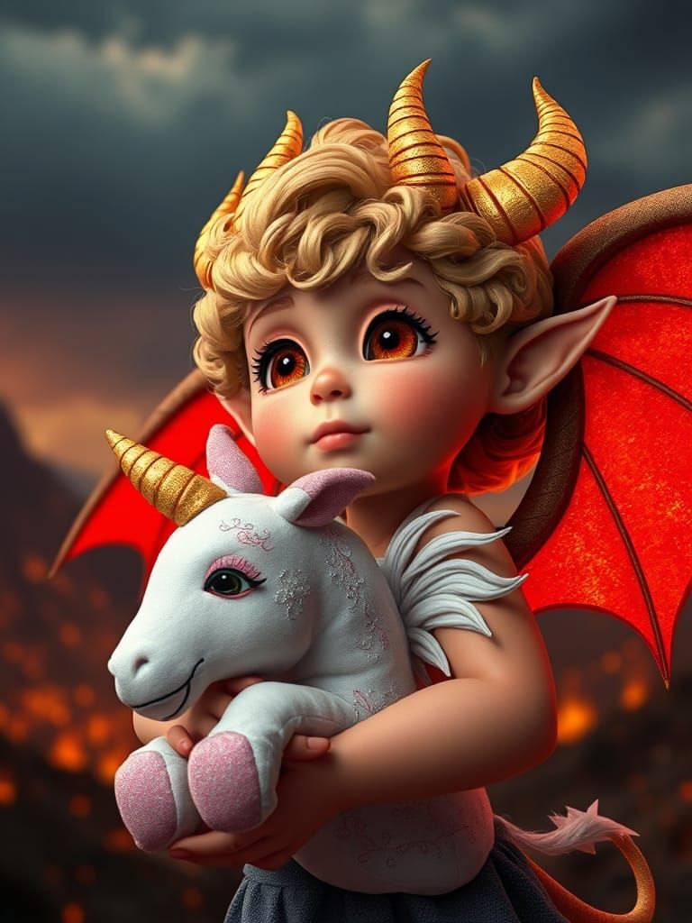Adorable Demongirl with Unicorn, Pixar-Style 3D Art