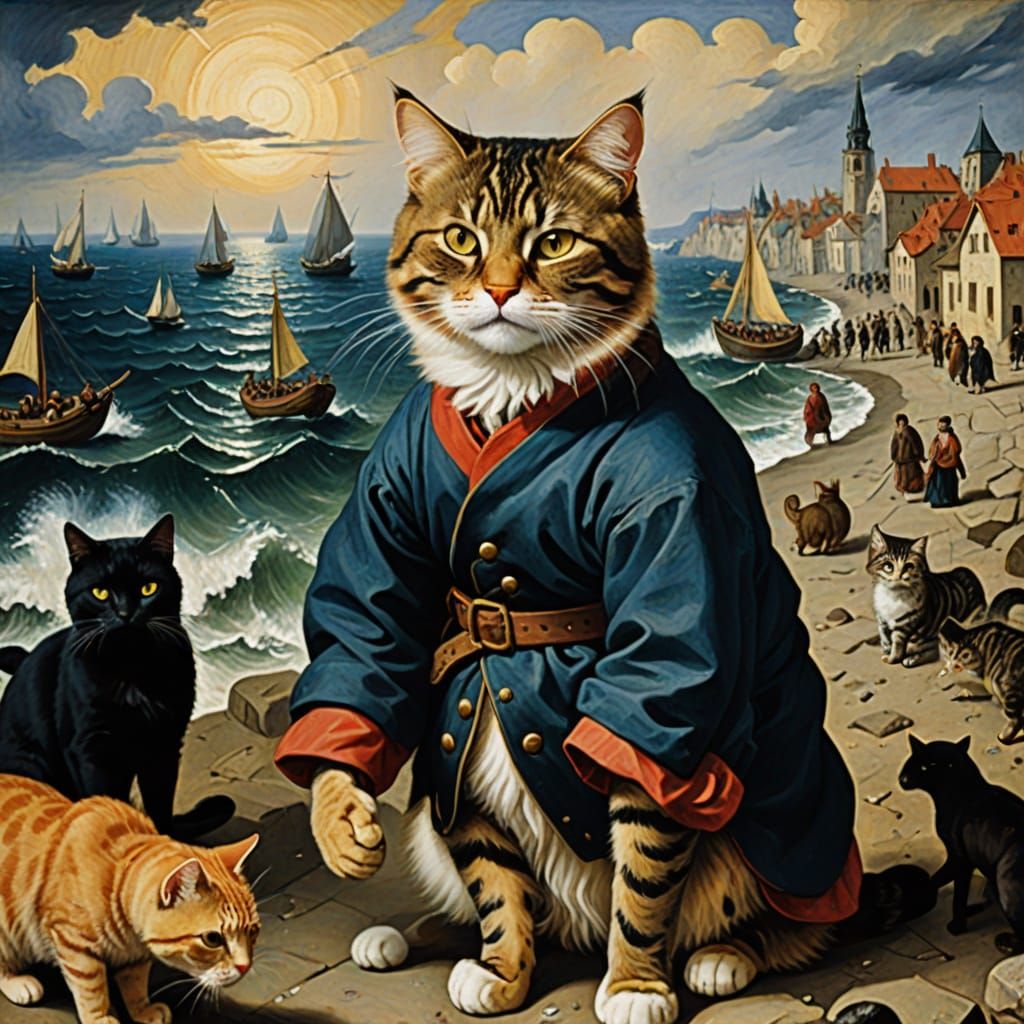 Whimsical Cat Amidst Ruins of a Forgotten City