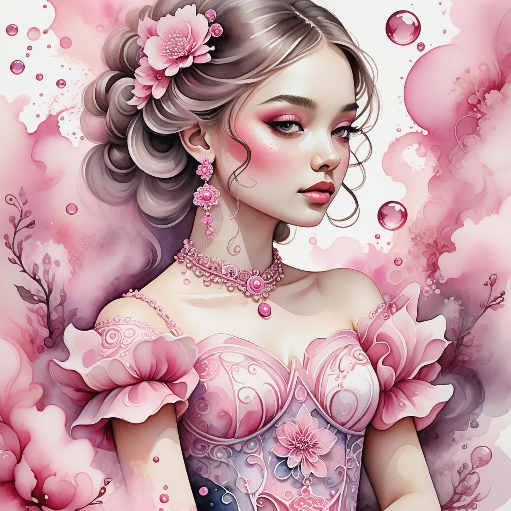 Pink Dream: Watercolour Girl with Flowers and Bubbles