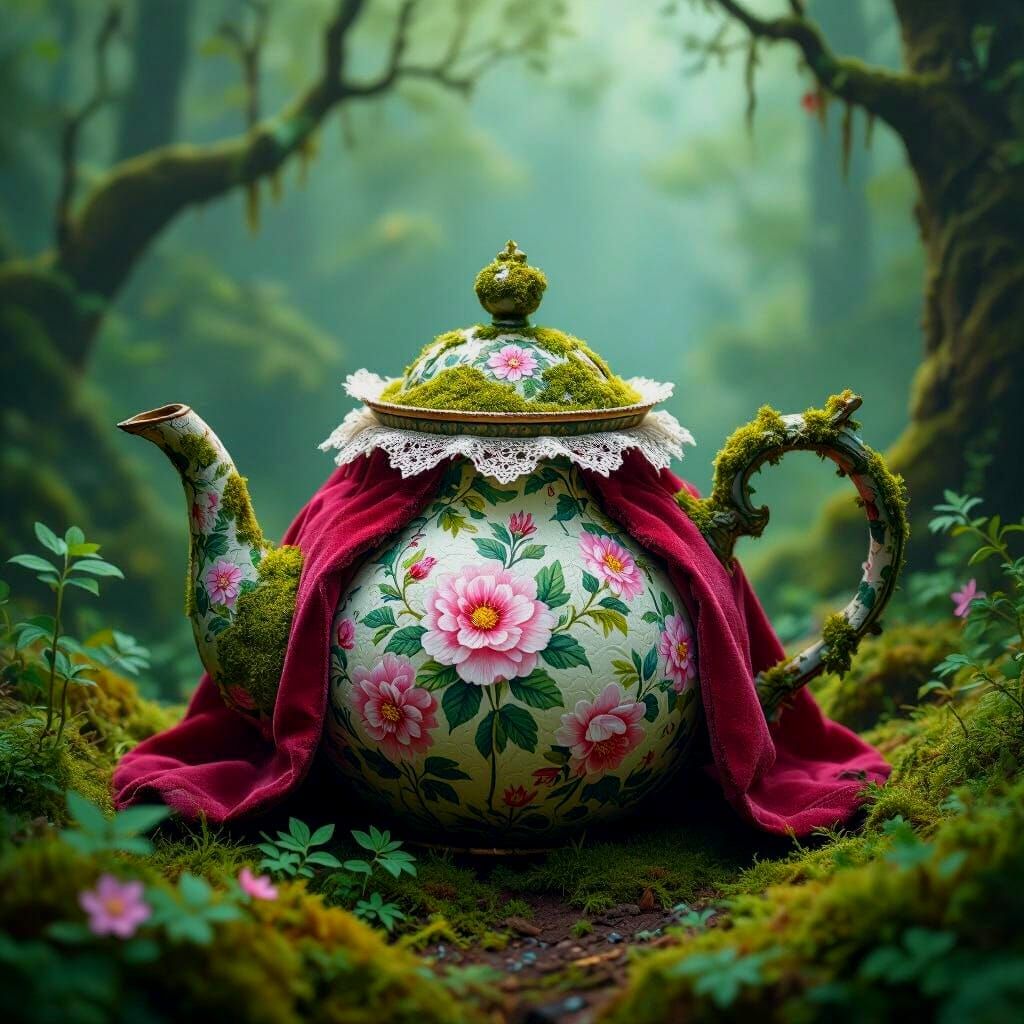 Enchanted Moss Teapot in Whimsical Storybook Style