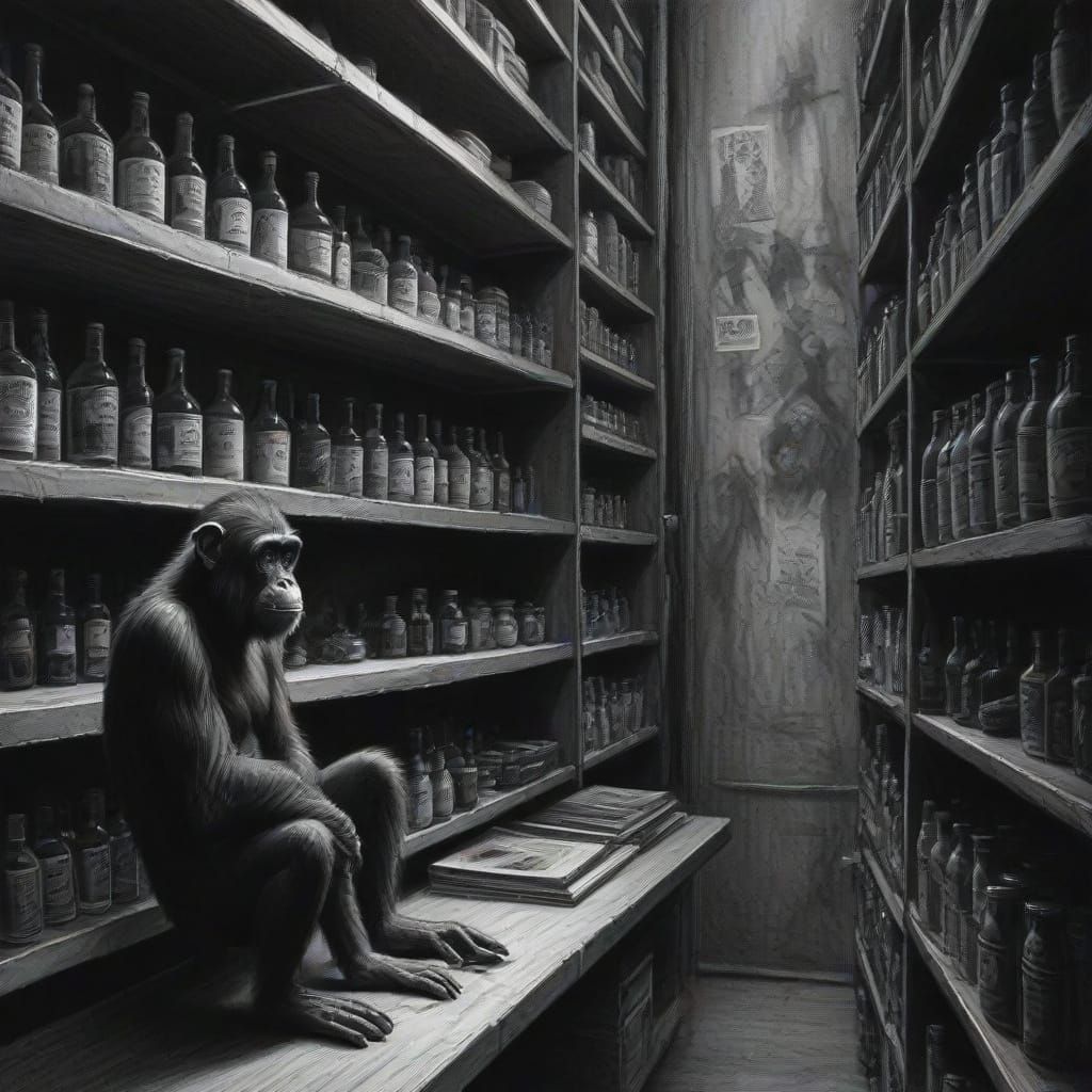 Chimp Shopkeeper Watches Monkeys Steal in Charcoal Drawing
