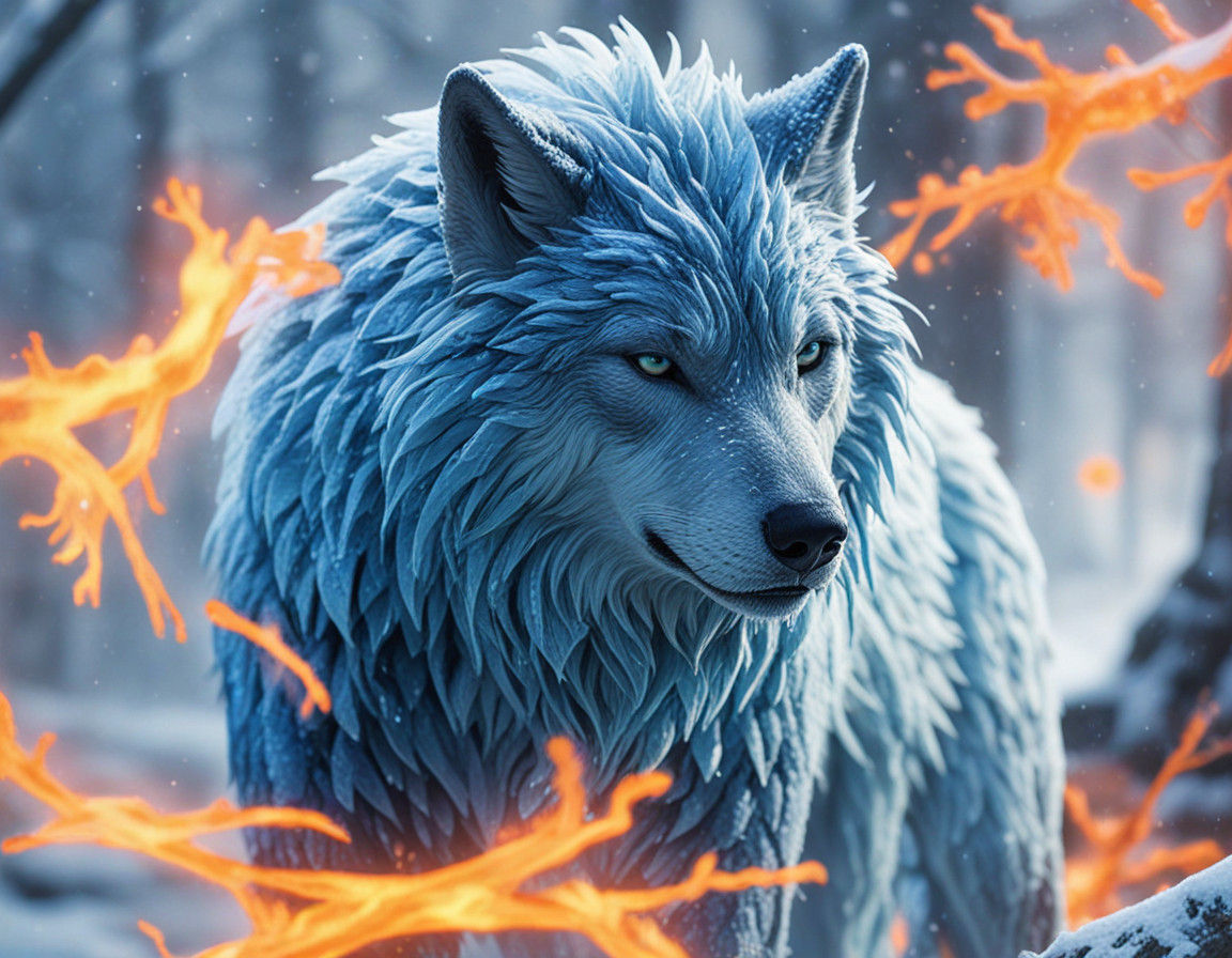 Majestic Ice Fire Snow Wolf in Snowy Fantasy Landscape