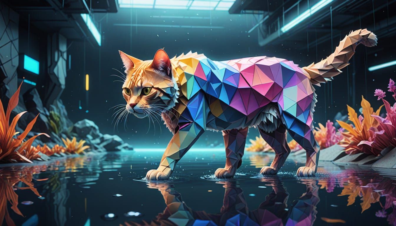 Vibrant Prism Origami Tabby Cat in Ethereal Aura