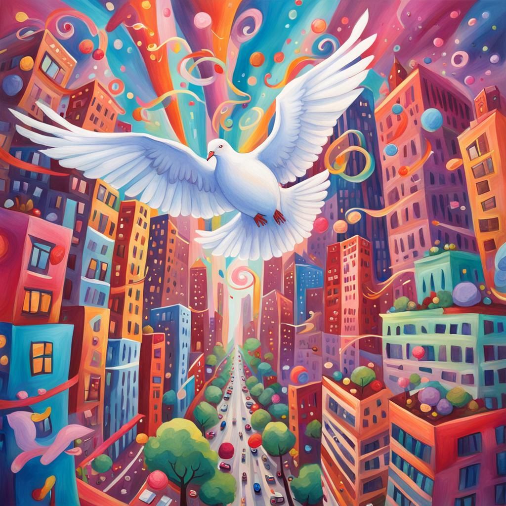 Dove flying over a city