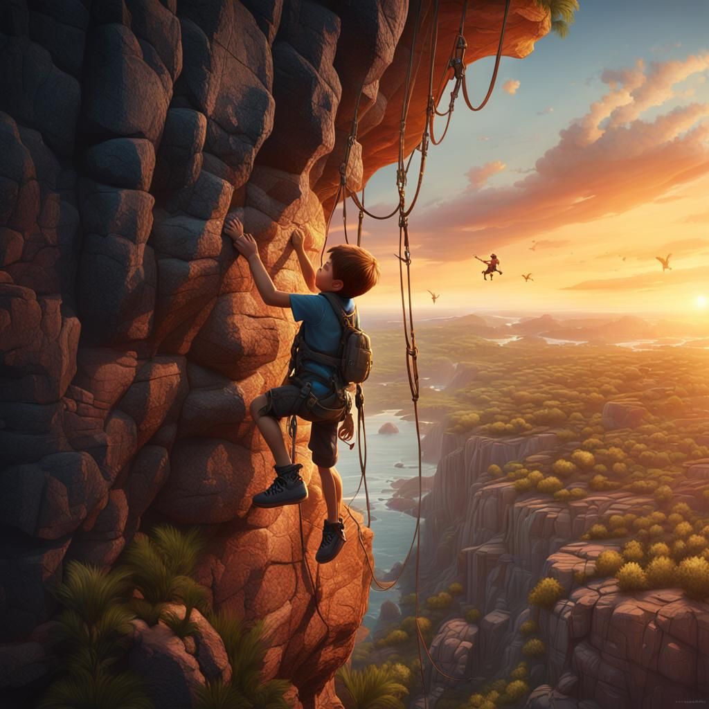 Boy Climbs Cliff at Sunset: Fantasy Concept Art