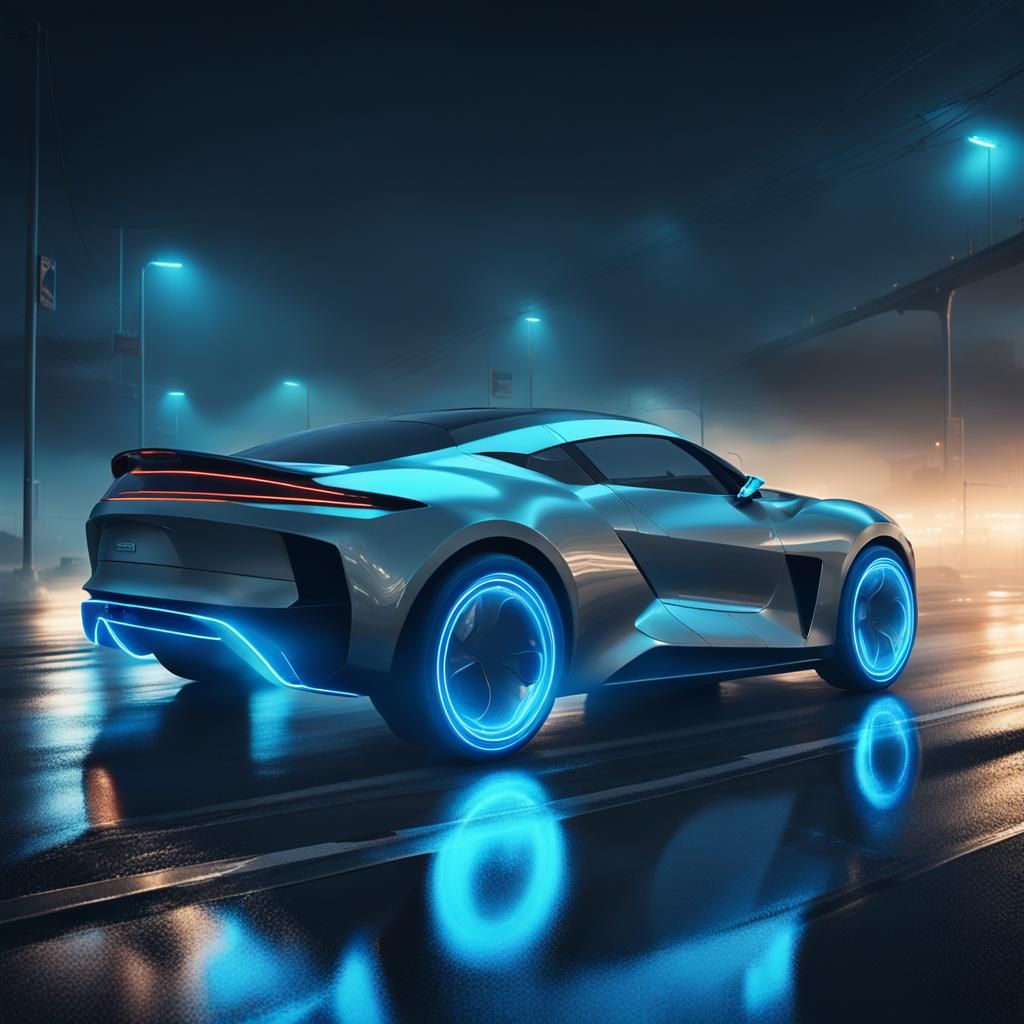 Sleek Futuristic Sports Car on Misty Highway