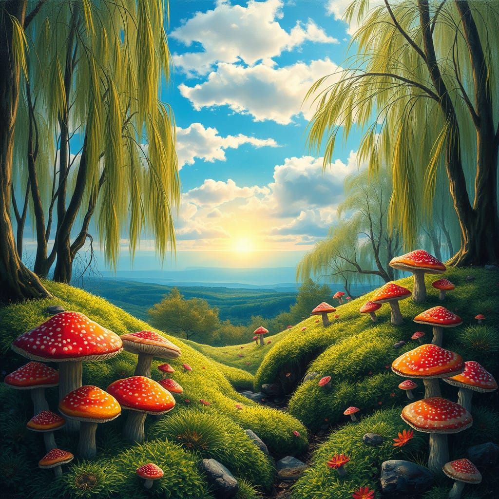 Vibrant Mossy Forest Scene with Rainbow Mushrooms and Majest...