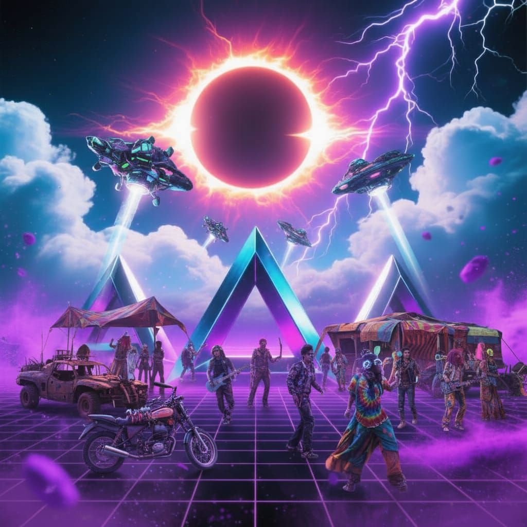 Vaporwave Aliens in Mad Max Woodstock Fusion