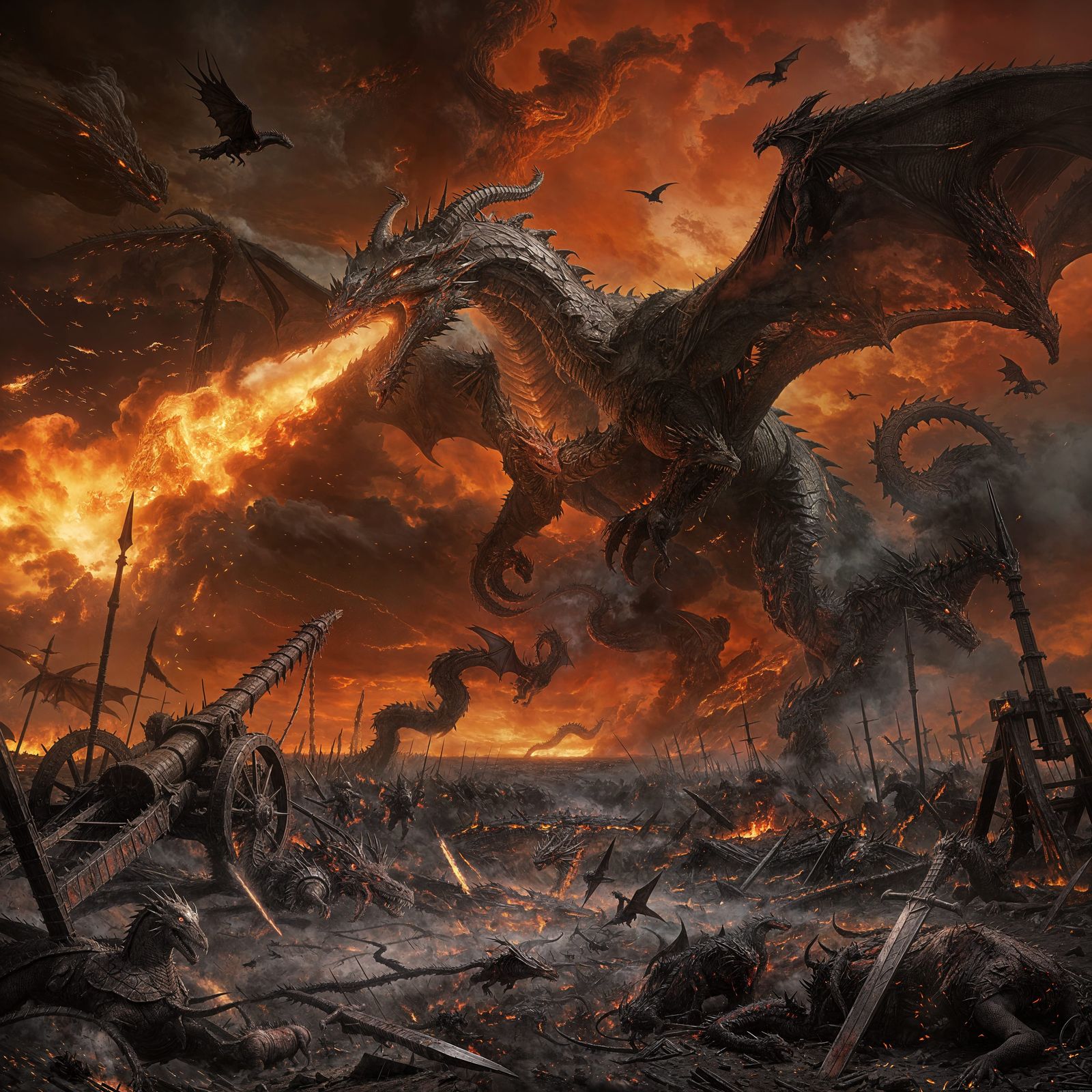 Colossal Dragon Over Battlefield in Dark Fantasy Style