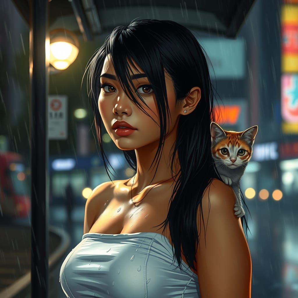 Wet City Bus Stop Portrait in Splash Art Style