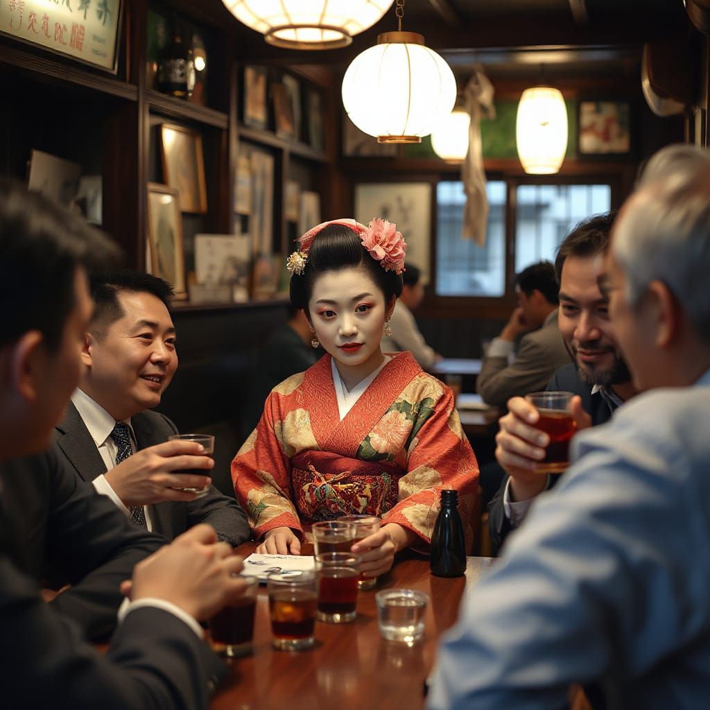 Serenely Serving Sake in a Vibrant Japanese Izakaya