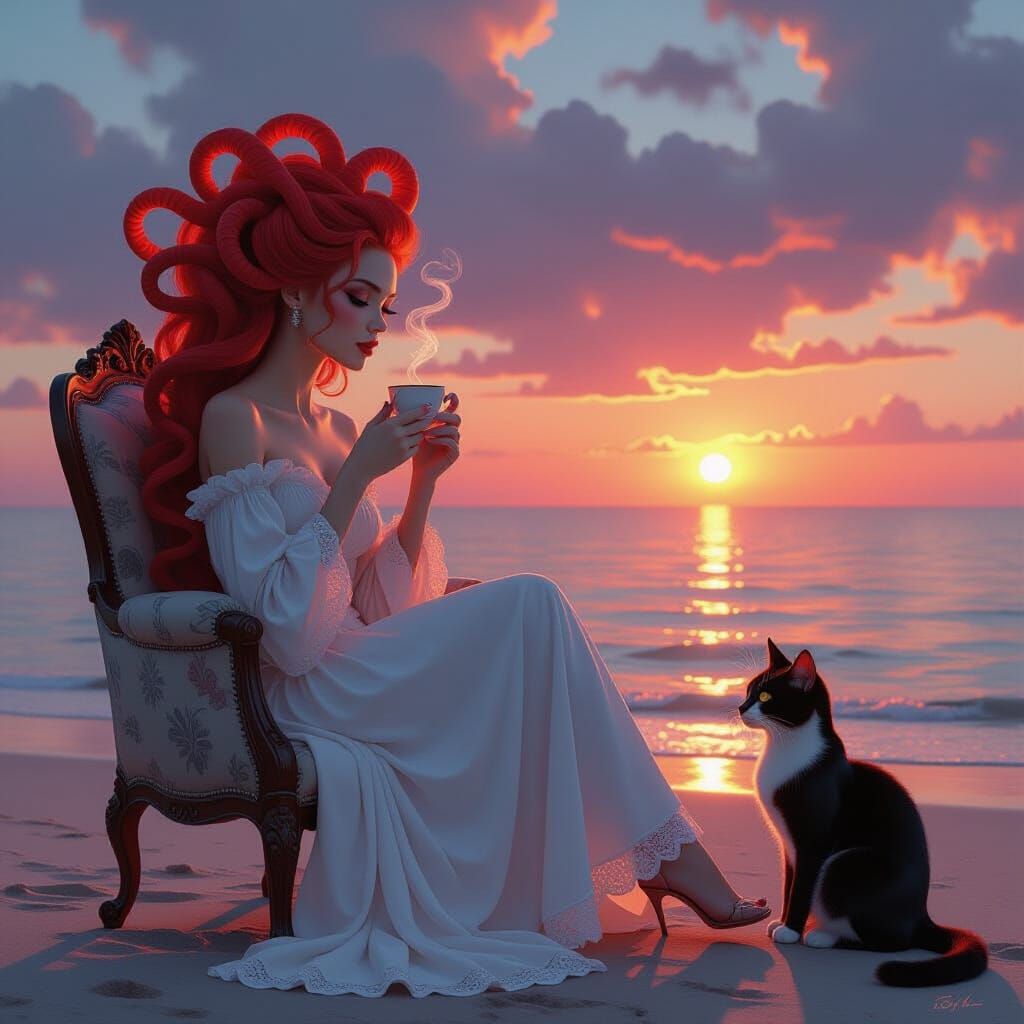 Gargoyle Girl with Jellyfish Hair Sips Tea on Beach at Dawn