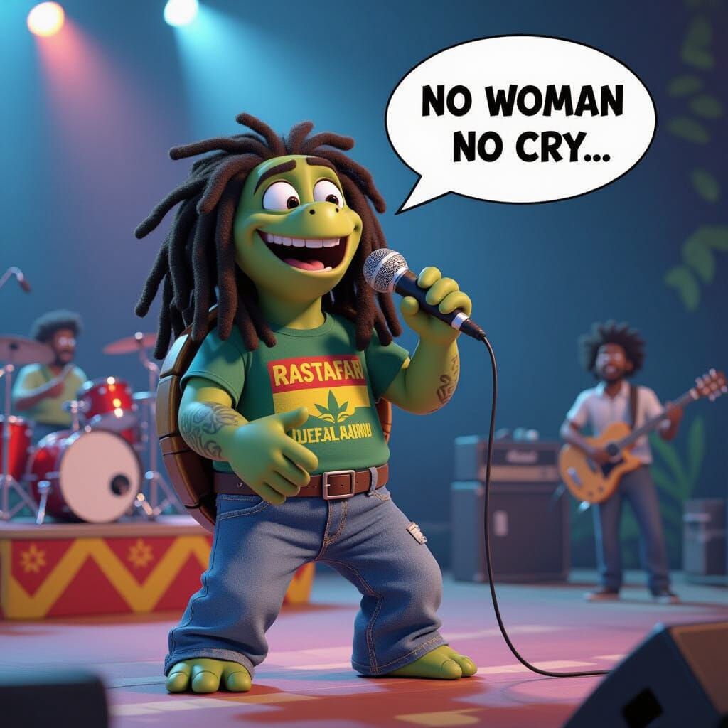 Singing Rastafarian Turtle on Jamaica Stage in 3D CGI