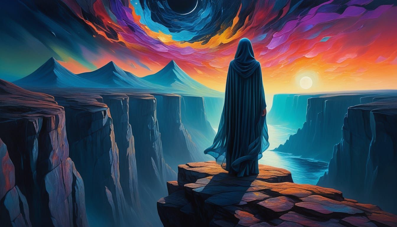 Surreal Woman on Mountain Cliff in Oil Painting Style