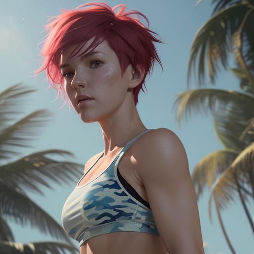 Happy Woman Jogging on Beach, Hyperdetailed Portrait