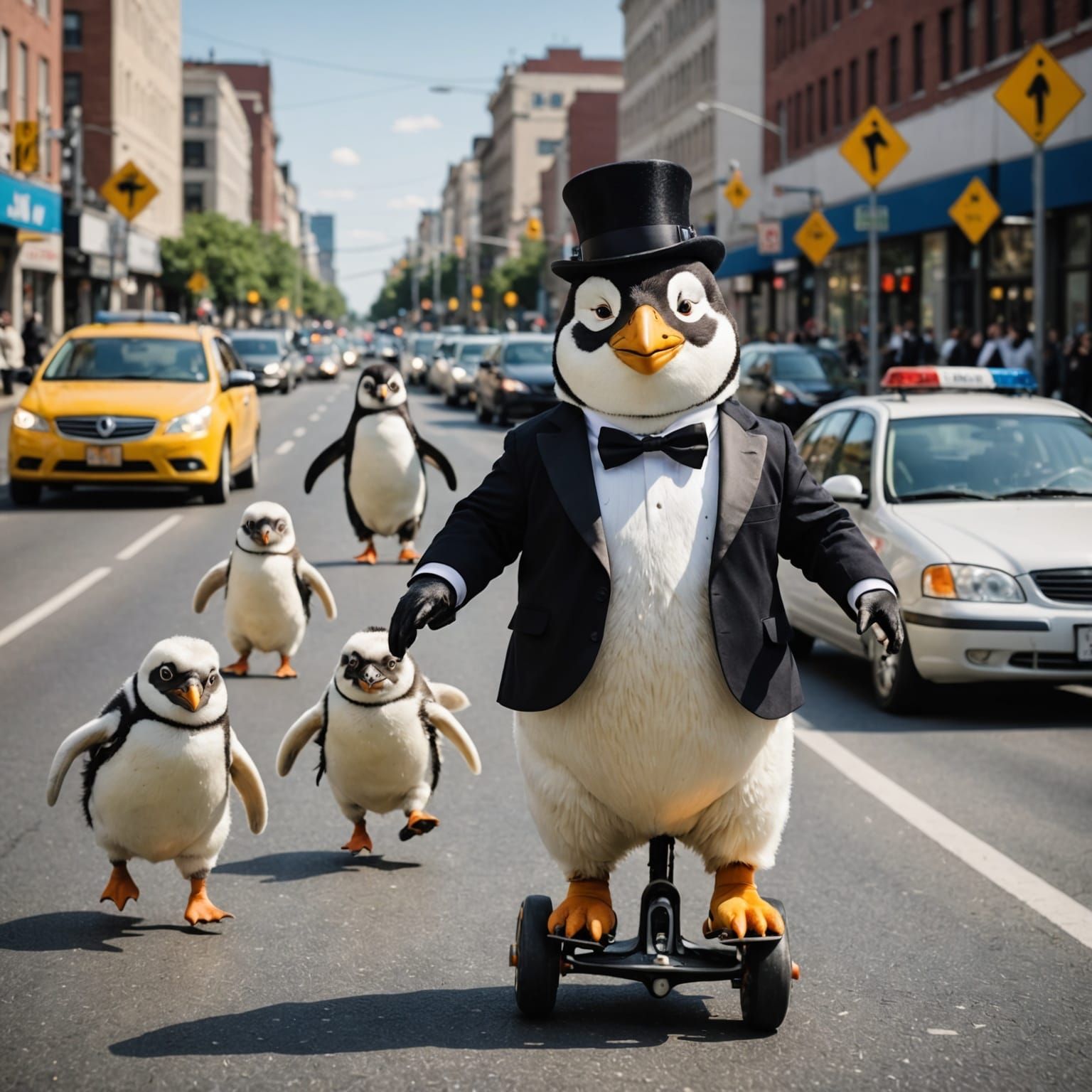 Penguin on Unicycle Chased by Goats and Banana Car
