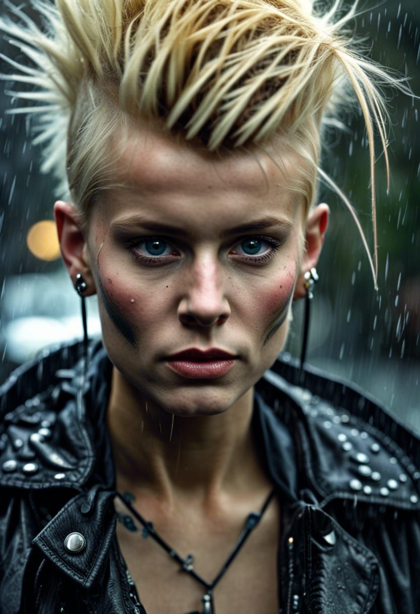 Blonde Mohawk Punk in Rainy Cyberpunk Scene