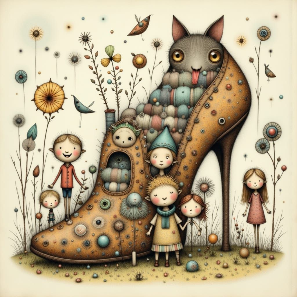 Whimsical Family Scene in a Magical Shoe House