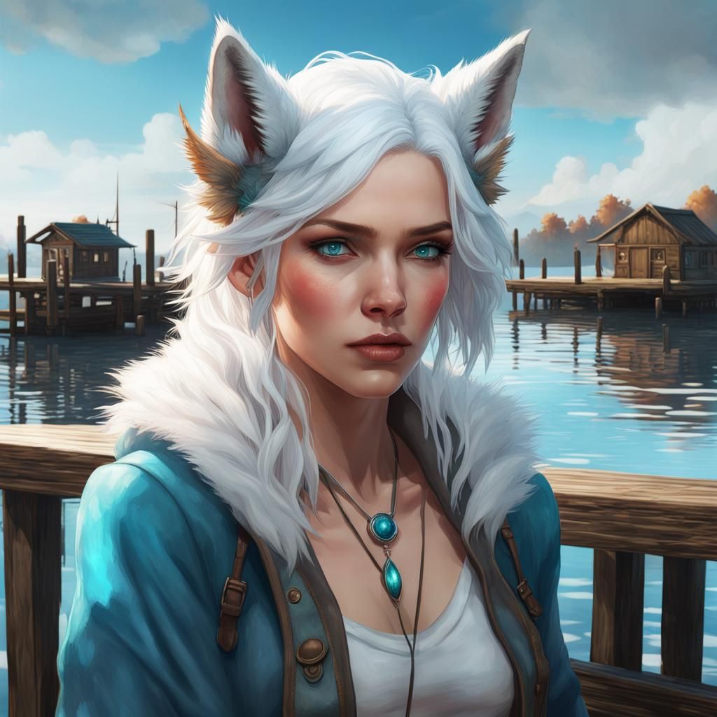 Watercolor Wolf Woman on Dock, Hyperdetailed Art