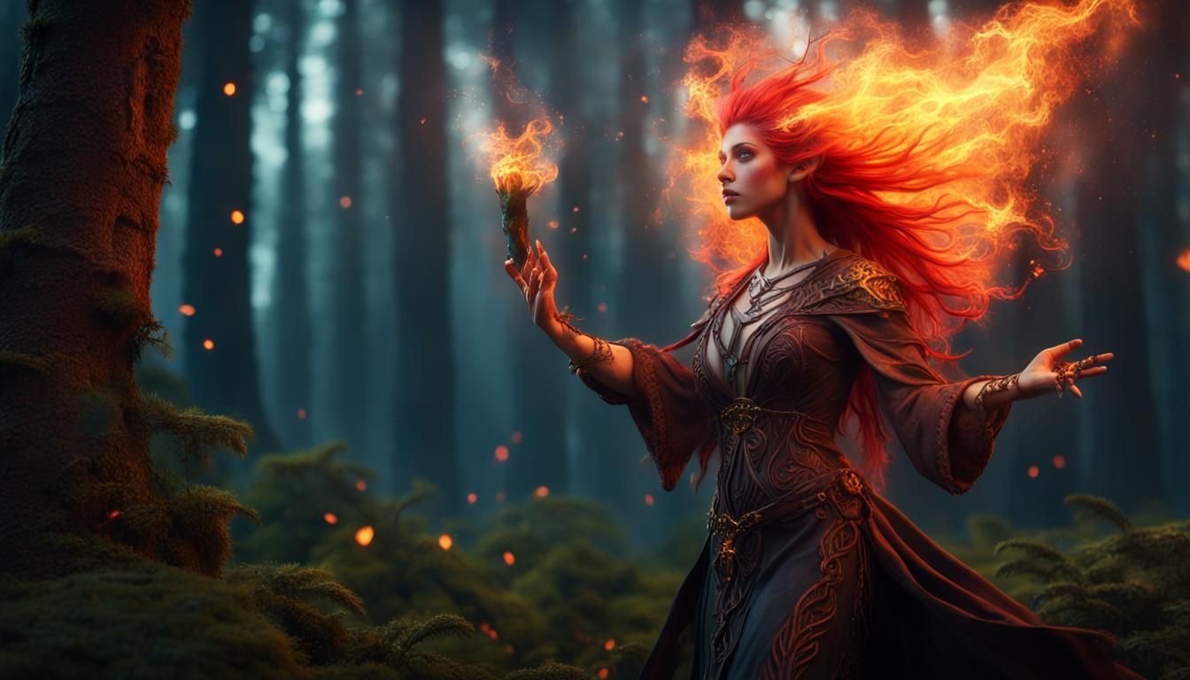 Druidic Sorceress Casting Spell in Magical Forest