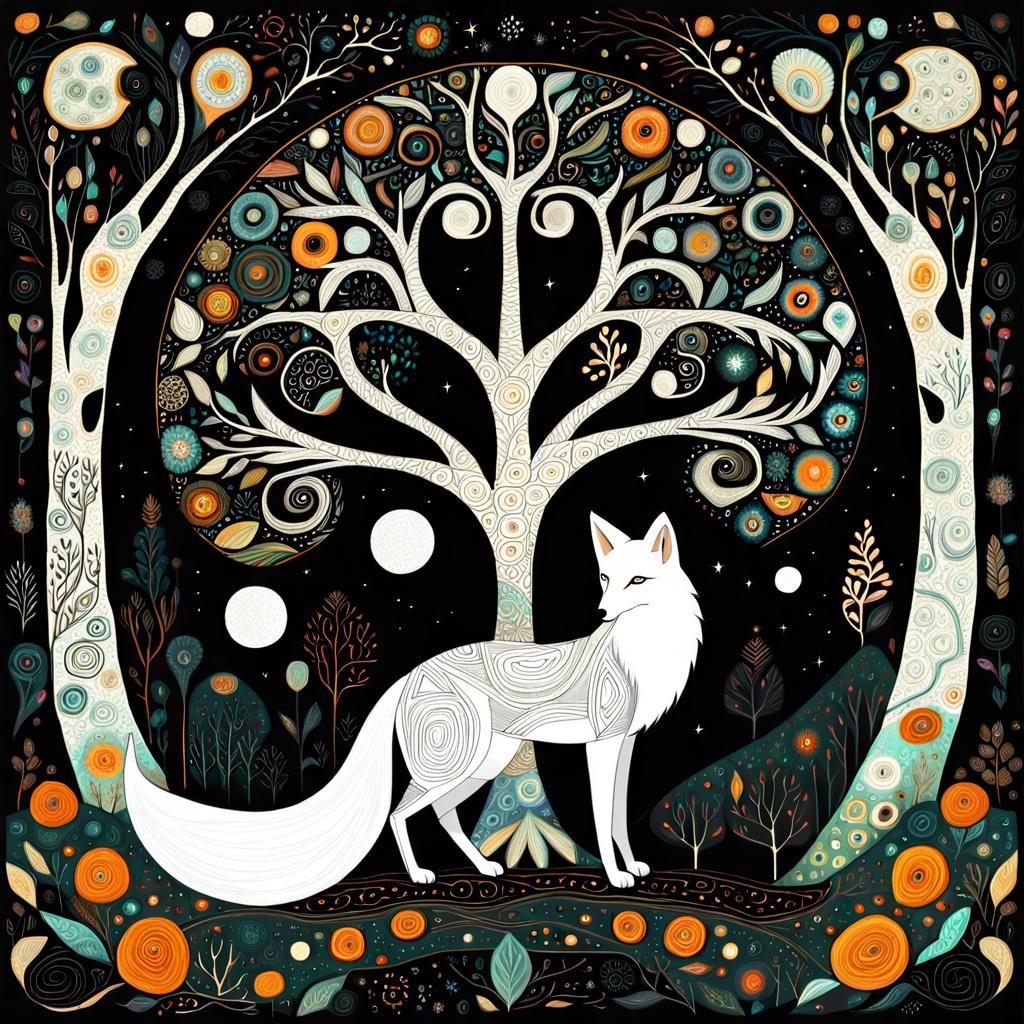 Graceful White Fox Folk Art in Klimt Style