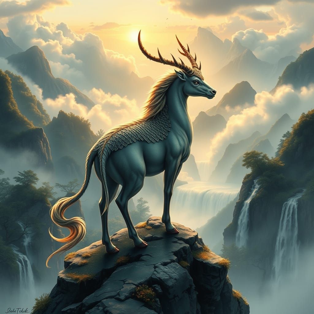 Kirin on Misty Mountain Peak at Dawn