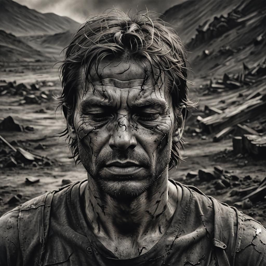 Tortured Face in Desolate Wasteland: Charcoal Drawing