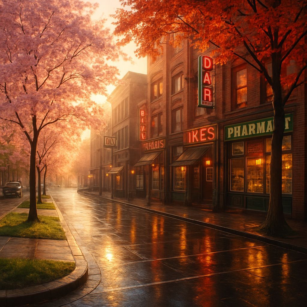 Surreal 1940s City Street Corner in Magic Hour