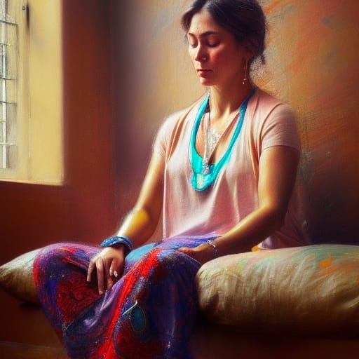 Meditating Woman in Living Room, Detailed Art