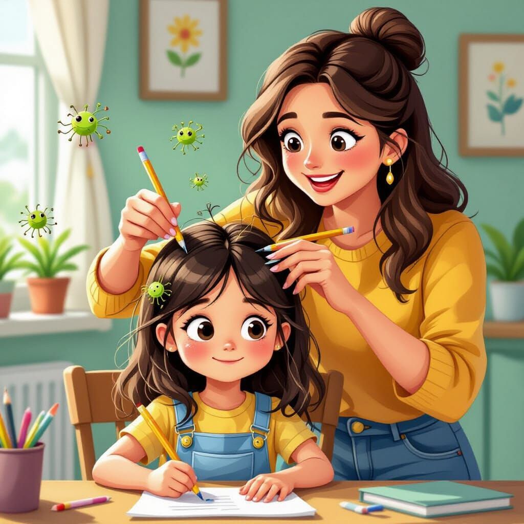 Mother Searches for Lice in Cartoon Style