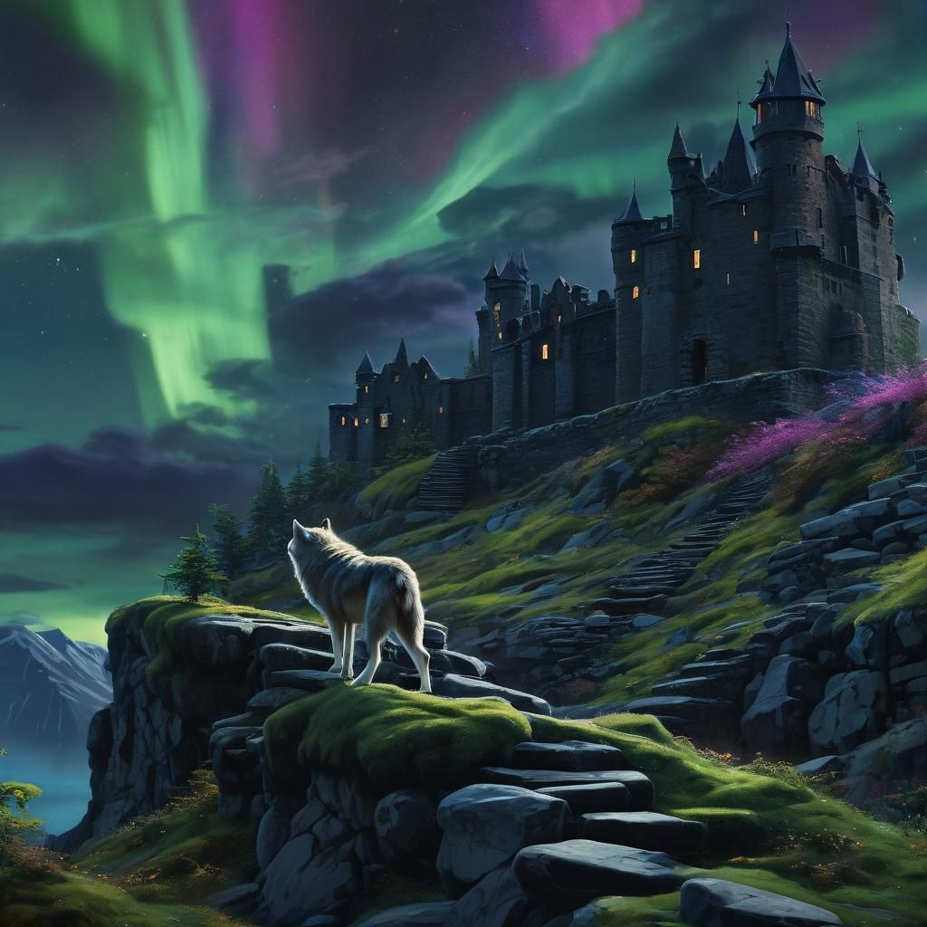 Ethereal Northern Lights over Ancient Castle Ruins