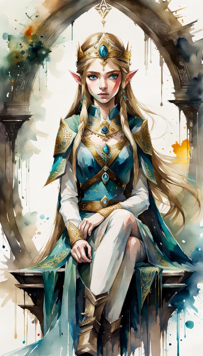 Princess Zelda on Throne: Watercolor Oil Painting