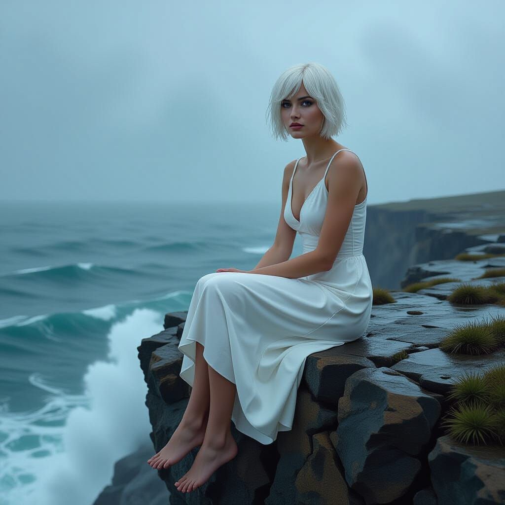 Hyperrealistic Woman on Cliff Edge Overlooking Stormy Sea